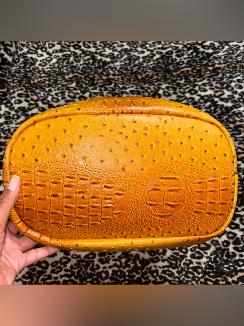 Women's Ostrich-Embossed Bucket Bag in Mustard Yellow - Picture 2 of 4